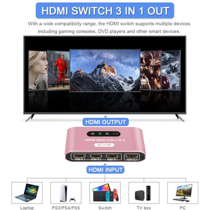 HDMI Switch 3 in 1 Out, 4K@60Hz HDMI Splitter with Remote Control, 3 Ports HDMI Switcher, Perfect for Full HD 4K 1080P 3D Video Roku Fire TV Blu-ray Players Stick Apple PS4/PS5 Xbox Chromecast (Pink) - color: Pink