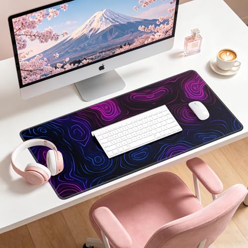 Large Gaming Mouse Pad, XL Desk Protector, Non-Slip Base | 31.5x15.7 in Extended Desk Mat with Stitched Edges for Keyboard, Work, Game, Office, Home PC and Laptop - color: Neon Contours