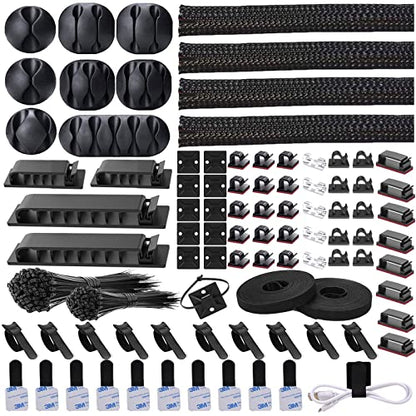311Pcs Cable Management Organizer Kit 4 Cable Sleeve Split | 53Cable Clips 12Cord Clips Holder,22 Cable Ties, 20 Adhesive Wall Cable Tie, 200Fasten Cable Ties for TV Office Home - size: 311 PCS
