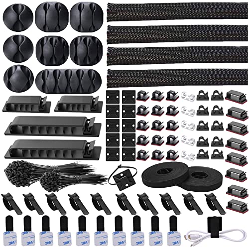 311Pcs Cable Management Organizer Kit 4 Cable Sleeve Split | 53Cable Clips 12Cord Clips Holder,22 Cable Ties, 20 Adhesive Wall Cable Tie, 200Fasten Cable Ties for TV Office Home - size: 311 PCS