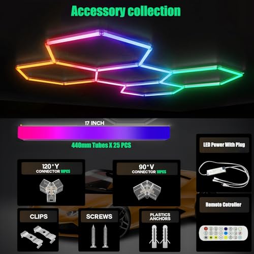 25Pack RGB 5 Hexagon LED Garage Lights-Music Sync Color Changing,App & Remote Control,358 Modes DIY Honeycomb Light for Gaming Room,Gym,Garage - color: RGB-25Lights-5Hexagon