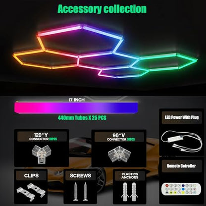 25Pack RGB 5 Hexagon LED Garage Lights-Music Sync Color Changing,App & Remote Control,358 Modes DIY Honeycomb Light for Gaming Room,Gym,Garage - color: RGB-25Lights-5Hexagon