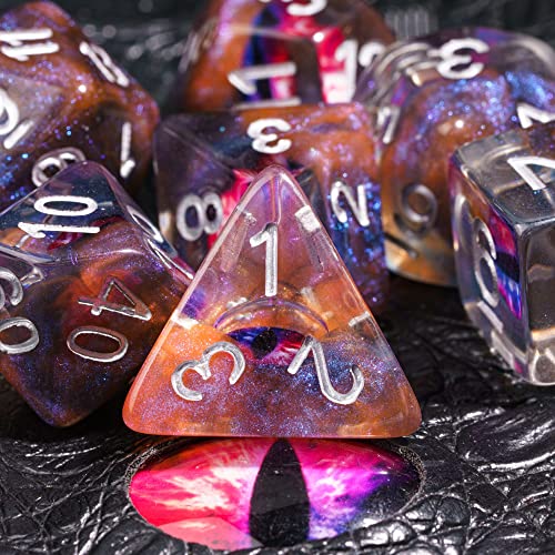Cusdie 7-Die DND Dice, Polyhedral Dice Set Filled with Eyeball, for Role Playing Game D&D Dice (Orange Eyeball) - color: Orange Eyeball