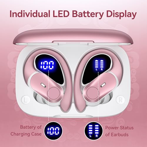 Active Noise Cancelling Ear Buds Wireless Earbuds 80H Playtime Bluetooth Headphones with LED Display Case, Hi-Res Audio Clear Calls Earphones with Over Ear Hooks for Running Gym Workout Rose Gold - color: Rose Gold