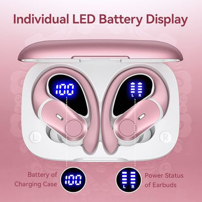 Active Noise Cancelling Ear Buds Wireless Earbuds 80H Playtime Bluetooth Headphones with LED Display Case, Hi-Res Audio Clear Calls Earphones with Over Ear Hooks for Running Gym Workout Rose Gold - color: Rose Gold