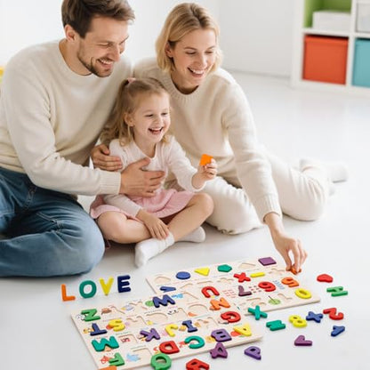 Attmu Wooden Puzzles for Toddlers, 2 Pcs Alphabet Puzzle ABC Shape Number Puzzle Patterns, Learning Toys for Kids, Preschool Educational Activities Toddler Gift Toys for Girls Boys Christmas Easter - size: 2 Pack