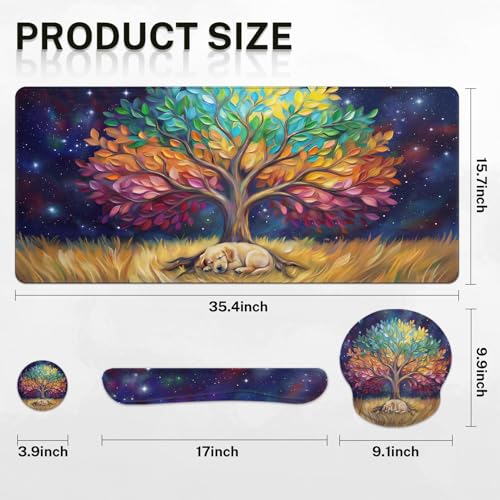 Britimes Colorful Tree Oil Painting Keyboard Mouse Pad Set Cute Dog 4in1 Large Mousepad+Keyboard Wrist Rest+Mouse Wrist Rest+Coaster Ergonomic Design for Home Office Computer 35.4x15.7 inches - color: Colorful Tree