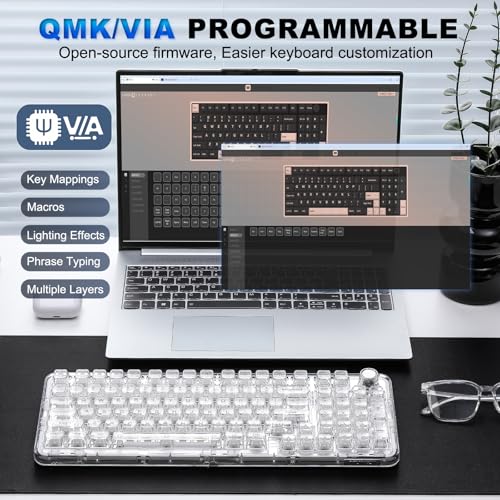 YUNZII X98 Clear Wireless Mechanical Keyboard with Knob (White,Snow Switch) | BT5.0/USB-C/2.4GHz,1800 Layout with Number Pad,Pre-lubed Switches Gasket Mount ,Clear Keyboard with RGB for Wins/Mac/Gaming - color: White, size: Snow Switch