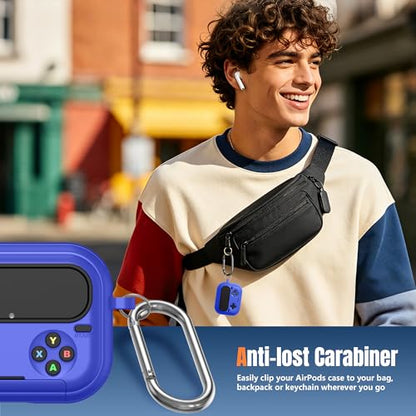 Getino Retro Game Case for AirPods Pro 3 | Game Console Design Protective Cover with Foldable Stand, Secure Lock Anti-Drop Shockproof PC+TPU Case, Keychain & Cleaning Kit for Men & Boys, Blue - color: Blue