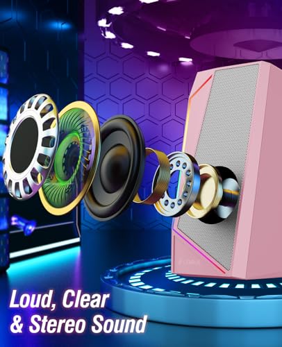 LENRUE Computer Speakers, USB/USB-C Powered PC Speakers with Loud Stereo Sound, Headphone-in for Desktop, Laptop, Monitor (USB-C to USB Adapter Included) (Pink) - color: Pink