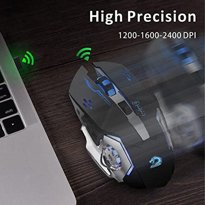 Uciefy Q85 Rechargeable Wireless Gaming Mouse, 2.4G LED Optical Silent Wireless Computer Mouse with 4 LED Light, 3 Adjustable DPI, Ergonomic Design, Auto Sleeping (Black) - color: Black