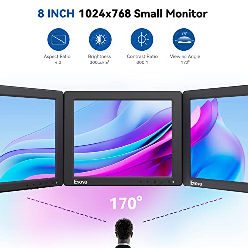 Eyoyo 8 Inch Small Monitor, 1024x768 4:3 IPS Mini Security Camera Monitor Screen Support HDMI VGA AV BNC Input with Remote Control, Video Monitors for Retro Computer PC NVR CCTV Raspbery Pi - style: 8 inch 1024x768