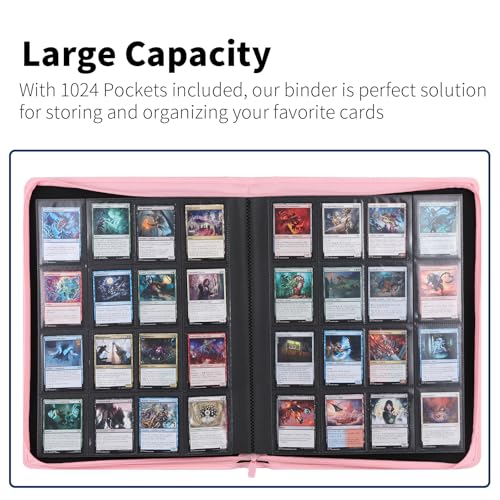 Snekdy premium 1024-pocket trading card binder, 16-pocket cards album, waterproof PU-leather Cover album with side loading, holds gaming, baseball, basketball & sports cards (Pink) - color: Pink