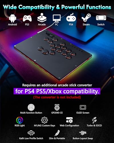 GuileKeys Leverless Controller Arcade Stick GK-16, All-Button Arcade Controller with Multi-function Button for PS4/PS3/PC/Switch, Arcade Fight Stick with RGB/Turbo/Hot-Swap/Low Profile Switch Black - color: GK-16 Black