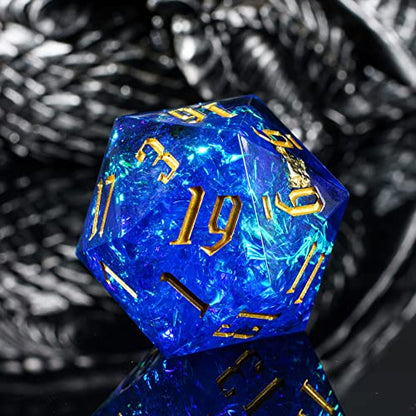 Cusdie Single D20 DND Dice with Sharp Edges and Glitter Foil Inclusions, 20 Sided D&D Dice, 33mm Handcrafted Polyhedral Dice, for Role Playing Game (Sapphire Blue/G) - color: Sapphire Blue