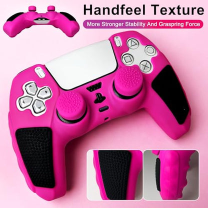 Anti-Slip Pink Controller Skin,Soft Thicken Studded Protective Silicone Cover Skin Grips Compatible with PS5/Slim/Pro Controller and 8 PCS Thumb Grips Caps. - color: Pink&Black