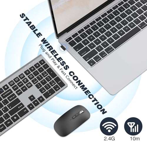 Rechargeable Wireless Keyboard, FullSize Scissor Switch Keyboard, Gray | QWERTY Layout Silent Keyboard, Ergonomic, 12 Multimedia Shortcut Keys for PC/Desktop/Laptop/Windows