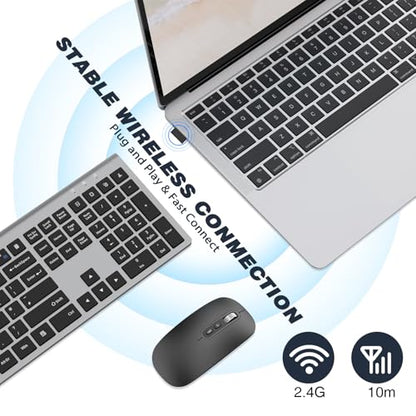 Rechargeable Wireless Keyboard, FullSize Scissor Switch Keyboard, Gray | QWERTY Layout Silent Keyboard, Ergonomic, 12 Multimedia Shortcut Keys for PC/Desktop/Laptop/Windows