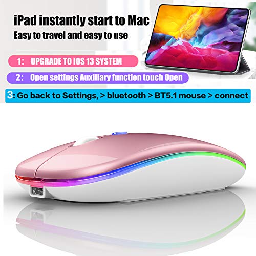 PEIBO Wireless Bluetooth Mouse, 7-Color LED, Built-in Battery, Ergonomic Design, Compatible with iPad, MacBook, Windows Laptops - Rose Gold - color: Rose gold white