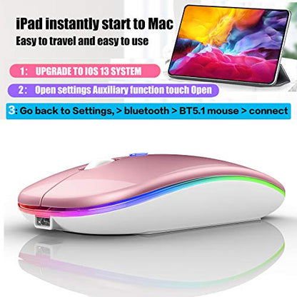 PEIBO Wireless Bluetooth Mouse, 7-Color LED, Built-in Battery, Ergonomic Design, Compatible with iPad, MacBook, Windows Laptops - Rose Gold - color: Rose gold white