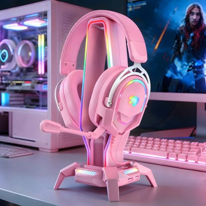 K98 Wired RGB Gaming Headset with Mic, Over Ear Gaming Headphones, 50mm Neodymium Drivers, Noise Isolating Microphone, Memory Foam Cushions, Aluminum Alloy Frame for PC, PS5, PS4, Xbox, Switch - color: Pink RGB