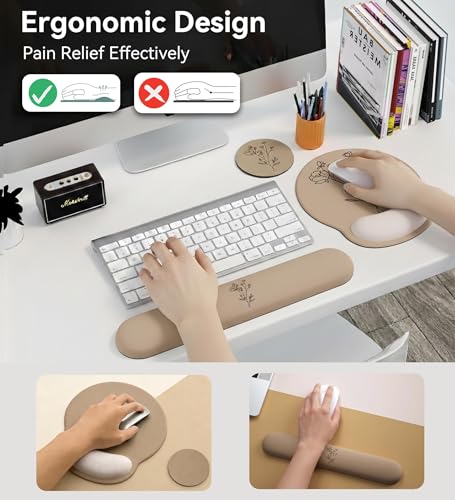 Mouse Pad with Keyboard Wrist Rest,Ergonomic Mouse Pad Wrist Support PU Base with Coaster,Mousepad with Nonslip Base for Computer Laptop Keyboard Home&Office - color: O-Beige Plants