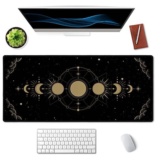 SSOIU Moon Phase Desk Mat, XXL Gold Moon Cycle Lunar Chart, Stars Horoscope Zodiac Extended Gaming Mouse Pad (35.5x15.7 in), Large Rubber Base - color: Moon Phase
