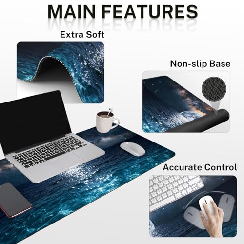 Arttown Keyboard Mouse Pad Set, 4 in 1 Desk Mat Set Seascape Moonlight | Wave Night Romantic Large Mousepad+Keyboard Wrist Rest+Mouse Wrist Rest+Coaster Ergonomic Design for Home Office Computer - color: Moonlight Night