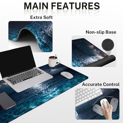 Arttown Keyboard Mouse Pad Set, 4 in 1 Desk Mat Set Seascape Moonlight | Wave Night Romantic Large Mousepad+Keyboard Wrist Rest+Mouse Wrist Rest+Coaster Ergonomic Design for Home Office Computer - color: Moonlight Night