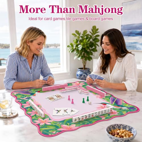 Junkin Pink Hummingbird Mahjong Mat 32.3"x32.3" Chinoiserie Mahjong Mat with Pink Scalloped Edge Carry Bag Non-Slip, Game Table Pad, for Card Board Tile Games Gifts for Women Mom - style: Pink Hummingbird