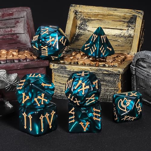CiaraQ 7pcs Polyhedral Dice Set for Dungeon and Dragons MTG Table Games | Acrylic Role Playing Dice for D&D with Black Velvet Bag – Deep Teal Pearl with Gold Roman Numerals - color: Deep Teal Pearl Finish With Gold Roman Numerals