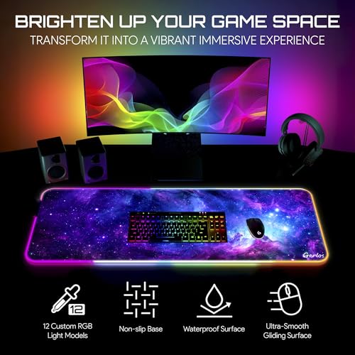 Gerlos RGB Gaming Mouse Pad, Large LED Desk Mat, 31.5 x 11.8 Inch | 12 light modes, non-slip base, water-resistant surface, stitched edges - color: Cosmic Glow