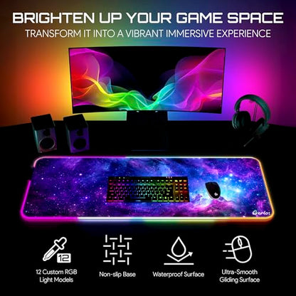 Gerlos RGB Gaming Mouse Pad, Large LED Desk Mat, 31.5 x 11.8 Inch | 12 light modes, non-slip base, water-resistant surface, stitched edges - color: Cosmic Glow
