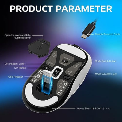 ATTACK SHARK X3 Wireless Gaming Mouse, 49g Ergonomic Computer Mouse, Triple Modes PAW3395 26K DPI Optical Sensor, 200h Battery Life, Programmable Buttons, Gaming Accessories for PC/Laptop/Mac (White) - color: White