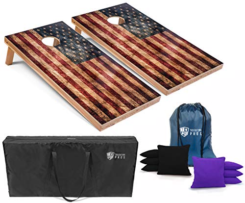 Tailgating Pros Rustic American Flag Cornhole Boards w/Bean Bags - 4'x2' Distressed Flag Cornhole Game w/Multicolored LED Ring, Carrying Case & Corn Hole Bags - color: Black / Purple