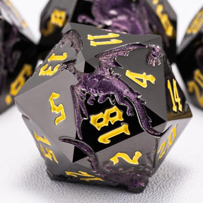 D&D Metal Dragon Dice Set with Dragon, Metallic Polyhedral Dice Set for Dungeons and Dragons RPG TTRPG D&D Die with Gift Case - color: Dragon-pearl Gun Glitter Purple