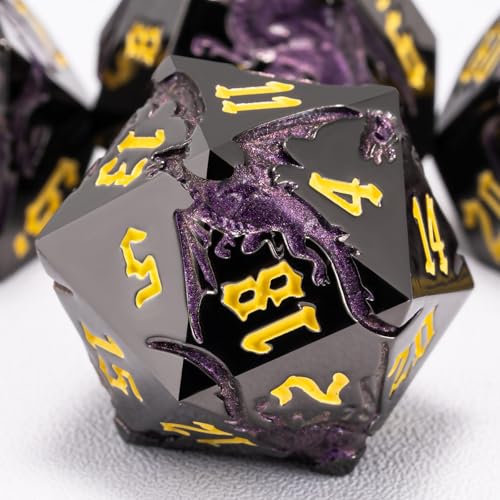 D&D Metal Dragon Dice Set with Dragon, Metallic Polyhedral Dice Set for Dungeons and Dragons RPG TTRPG D&D Die with Gift Case - color: Dragon-pearl Gun Glitter Purple