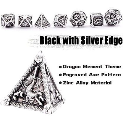 AUSTOR 7-Die Metal DND Dice Set Dungeons and Dragons Polyhedral Roll Playing Dice with Box D20 D12 D10 D% D8 D6 D4 for Pathfinder MTG RPG Board Games - color: Black With Silver Edge