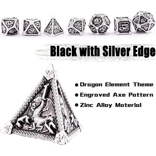 AUSTOR 7-Die Metal DND Dice Set Dungeons and Dragons Polyhedral Roll Playing Dice with Box D20 D12 D10 D% D8 D6 D4 for Pathfinder MTG RPG Board Games - color: Black With Silver Edge
