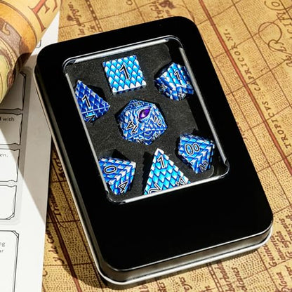 Metal Dice Set D&D,7 PCS Dragon Scale Metallic DND Dice Set,Dragon Eye Metal Dice with Grogeous Gift Case for Dungeons and Dragon Tabletop Game (Blue Dragon Scale & Purple Eye) - color: Blue Dragon Scale & Purple Eye