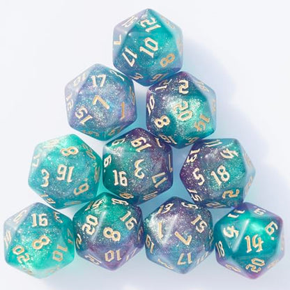 10PCs D20 Polyhedral Dice Set 22mm for DND RPG MTG Dungeons and Dragons Dice (Cyan+Purple) - color: Cyan+purple