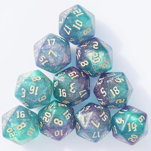 10PCs D20 Polyhedral Dice Set 22mm for DND RPG MTG Dungeons and Dragons Dice (Cyan+Purple) - color: Cyan+purple
