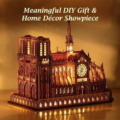 FUNPOLA LED 3D Wood Puzzle - Notre Dame de Paris Architecture Model-Night Edition with LED Lighting- DIY Building Model Craft Kit, Architecture Building Set