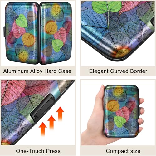 ELFISH Mini RFID Aluminum Wallet Credit Cards Holder Business Card Case Metal ID Case for Men Women（Colorful Leaves - color: Colorful Leaves