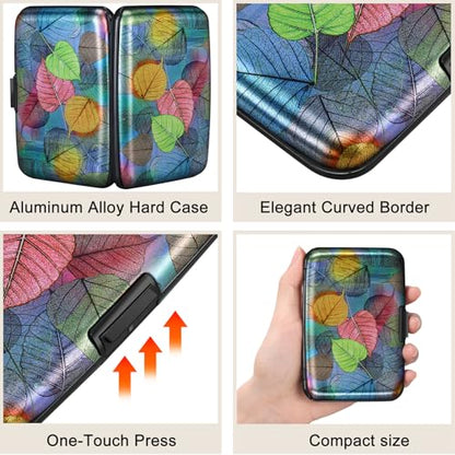 ELFISH Mini RFID Aluminum Wallet Credit Cards Holder Business Card Case Metal ID Case for Men Women（Colorful Leaves - color: Colorful Leaves