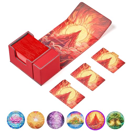 Arcane Fortress Card Deck Box For MTG Commander, Fits 100 Double-Sleeved Cards, Premium Leather, TCG Deck Box For Magic EDH, Magnetic Case with 3 Dividers & Dice Storage Box (Burning Mountain) - color: Burning Mountain, style: Deluxe