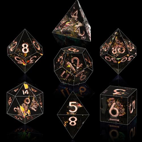 AUSTOR 7-Die DND Dice Set Handmade Sharp Edge Polyhedral Dice for Dungeons and Dragons D&D RPG MTG Table Games (Black & Red, Copper) - color: Black & Red，copper