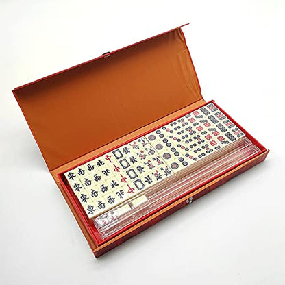 Portable Chinese Mahjong Set with 144 Mini Tiles, Travel Mahjong Game Set with 4 Clear Racks, 2 Dice & Spare Tiles, Compact Mahjong Board Game for Family, Outdoor Travel Gift (Ivory)