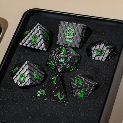 Metal Dice Set D&D,7 PCS Dragon Scale Metallic DND Dice Set,Dragon Eye Metal Dice with Grogeous Gift Case for Dungeons and Dragon Tabletop Game (Black Dragon Scale & Green Eye) - color: Black Dragon Scale & Green Eye
