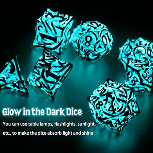 FONVGOGO Glow in The Dark Light up DND Dice Metal for Dungeons and Dragon 7 Polyhedral Dice Set Hollow Metal Vine D and D RPG Dice for Role Playing Game (Vine Glow Blue) - color: Vine Glow Blue